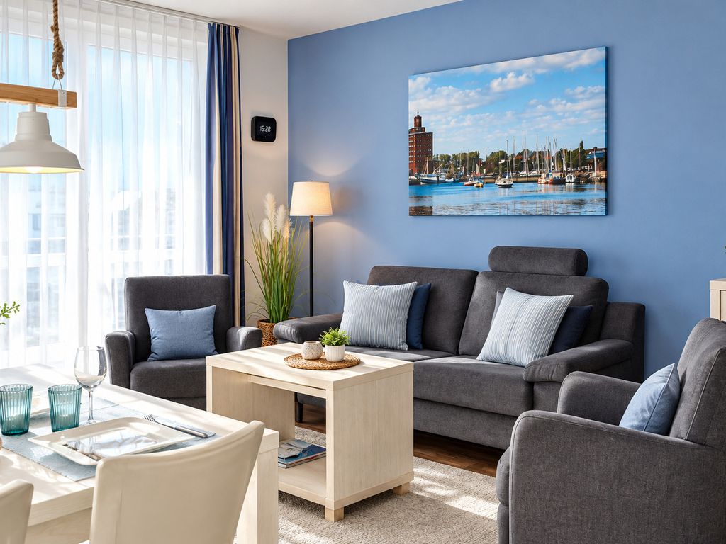 Apartment 6 "Strandkrabbe", Apartmenthaus Hafenspitze, Blickrichtung Innenstadt/Binnenhafen