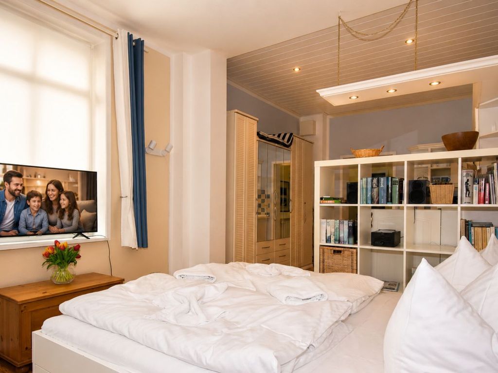 Wohnbereich mit Doppelbett und TV