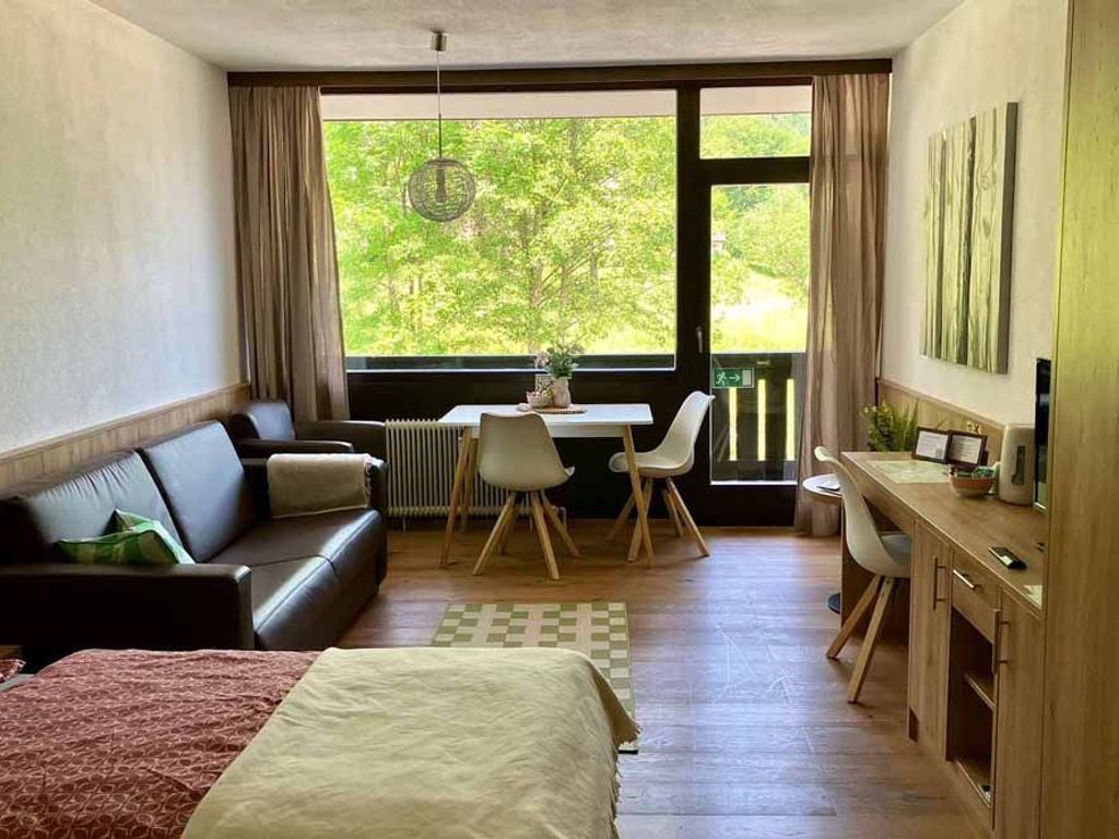 Überblick der Wohnung (Bett, Sofa, Esstisch, Balkon, Schreitisch & TV)