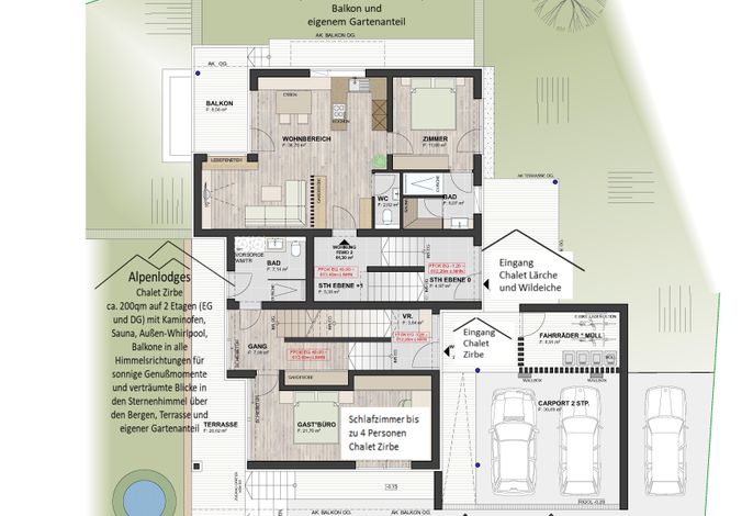 Alpenlodges Chalet Zirbe, 200 qm, 3 Schlafzimmer, 3 Bäder, Sauna, Terrasse und Balkon