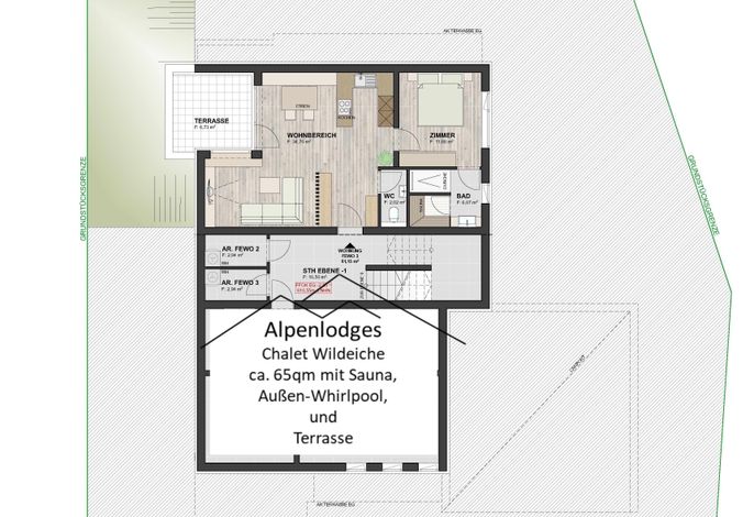 Alpenlodges Chalet Wildeiche, 65 qm, separates Schlafzimmer, Bad, Sauna, Terrasse