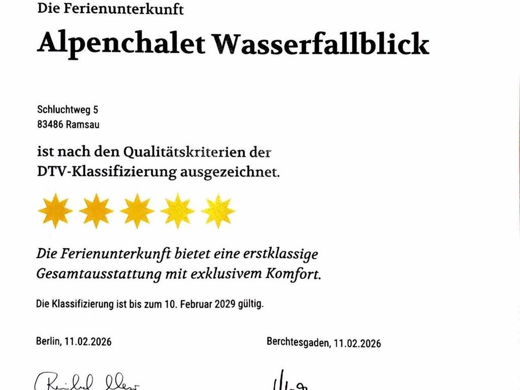 5 Sterne Urkunde Alpenchalet Wasserfallblick
