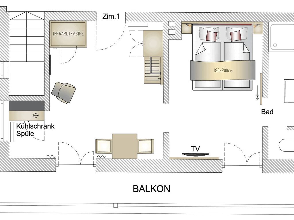 Zimmer 1 mit ca. 35 qm  Doppelzimmer, 1. OG  -Grundrissplan-