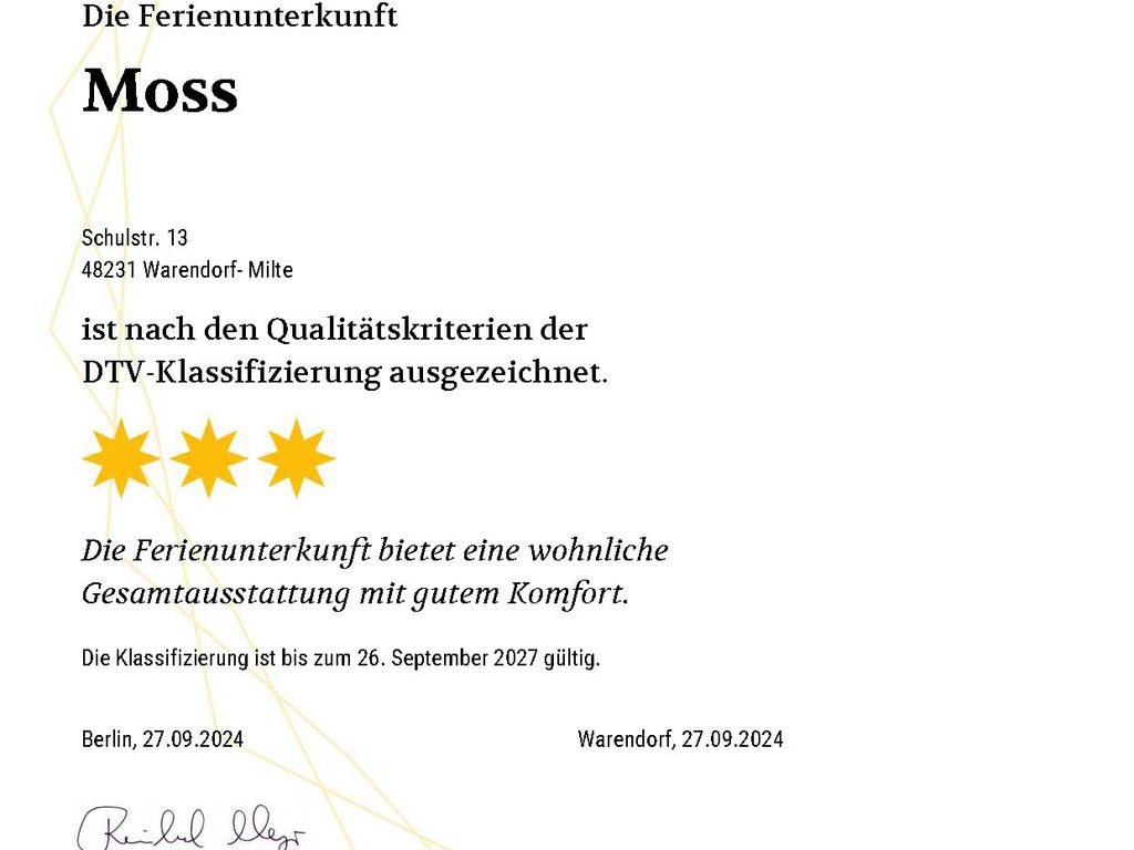 Aktuelle DTV Klassifizierung für die Ferienwohnung Moss