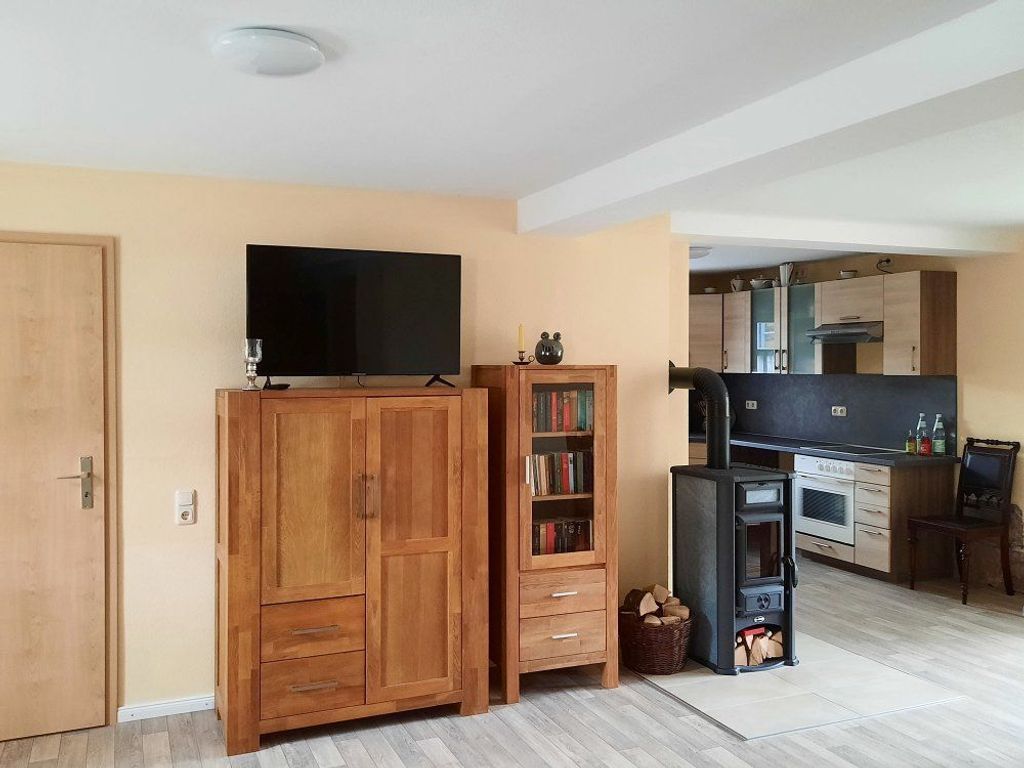 Wohnraum mit Küche, Kaminofen &amp; TV