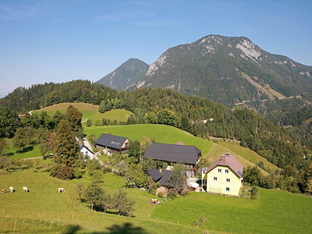 Der Bauernhof mit seinen Gebäuden, umgeben von grünen Wiesen und Bergen.