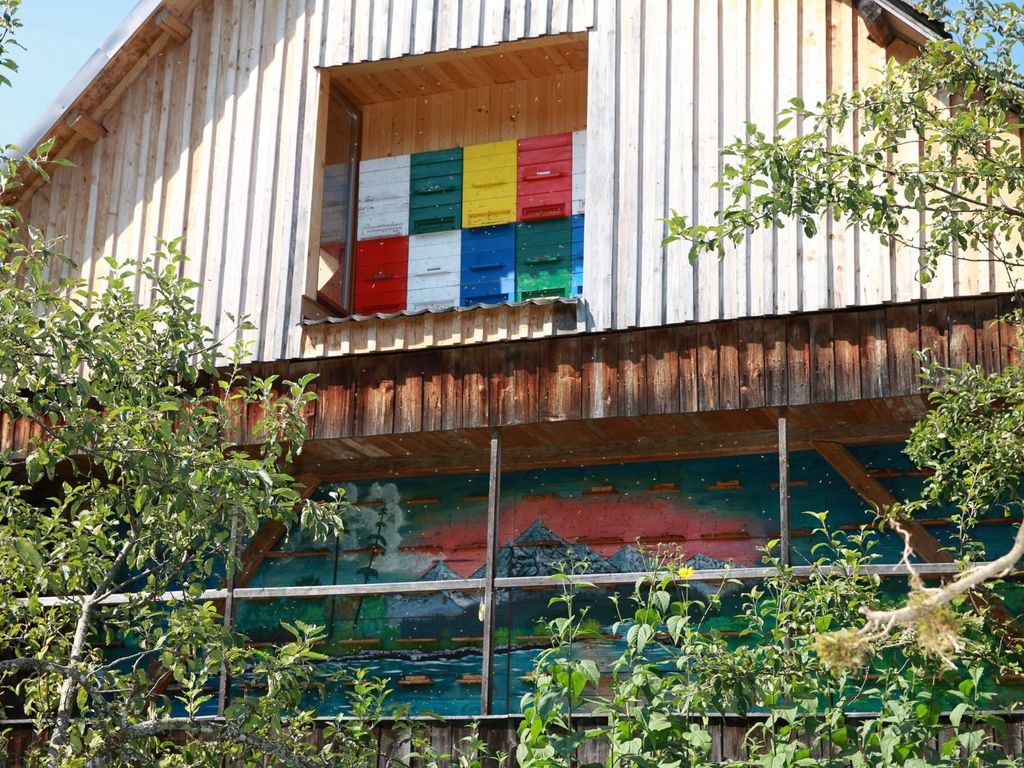 Farbige Bienenstöcke sind in die Fassade der ehemaligen Scheune am Bauernhof integriert und ermöglichen die Beobachtung der Bienen beim Ein- und Ausfliegen.