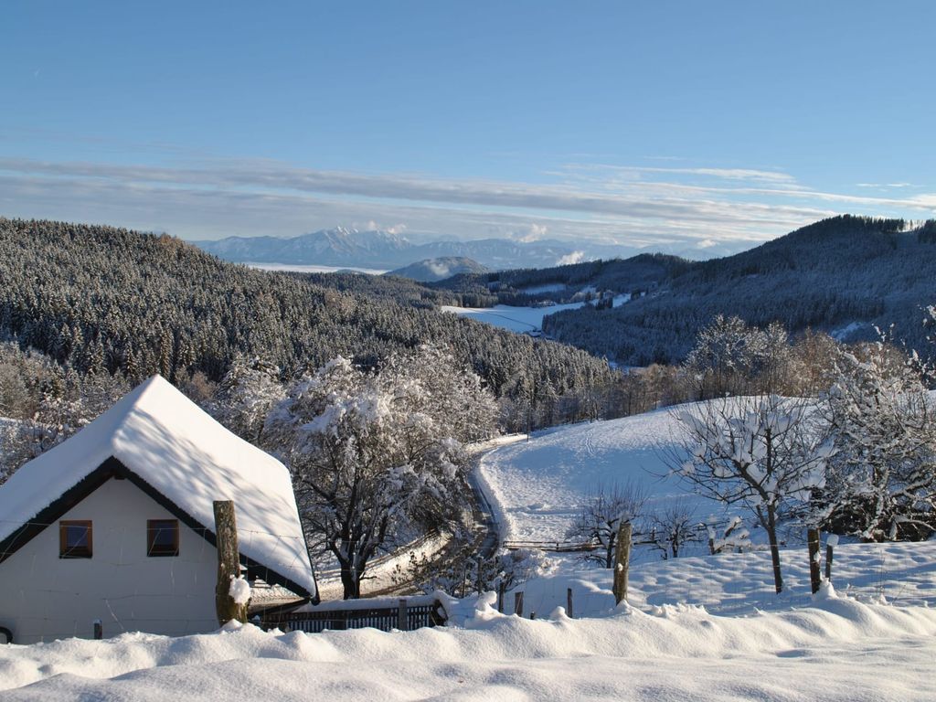 Winterliche Umgebung des Bauernhofs mit schneebedeckten Hügeln, Wäldern und Bergblick.
