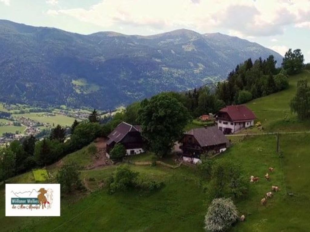 Der Bauernhof in einer Berglandschaft, umgeben von grünen Wiesen mit Kühen und Blick ins Tal.