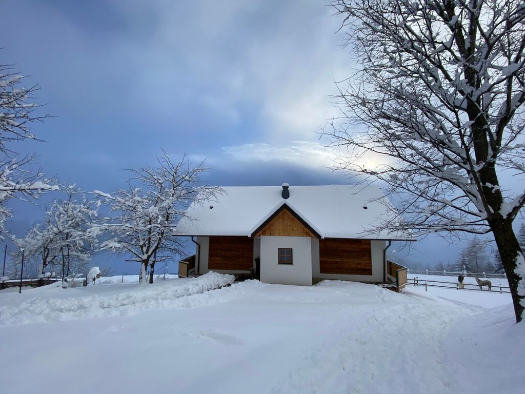 Der schneebedeckte Troadkasten auf dem Bauernhof im Winter.