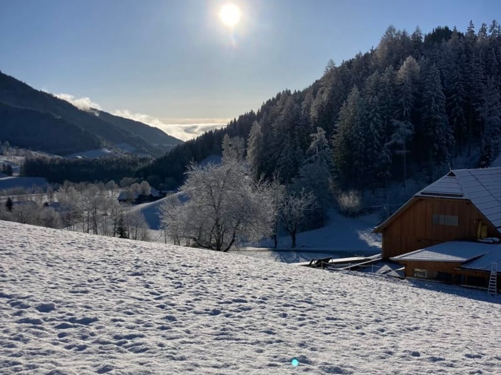 Verschneite Winterlandschaft mit dem Bauernhof, umliegenden Bergen und Wäldern unter der Wintersonne.