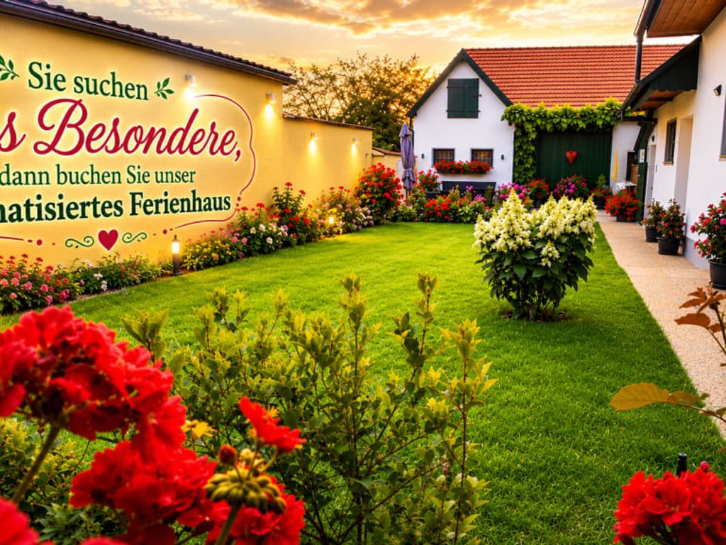 Der liebevoll gestaltete Garten des Bauernhofs mit gepflegtem Rasen, farbenfrohen Blumen und stimmungsvoller Beleuchtung.