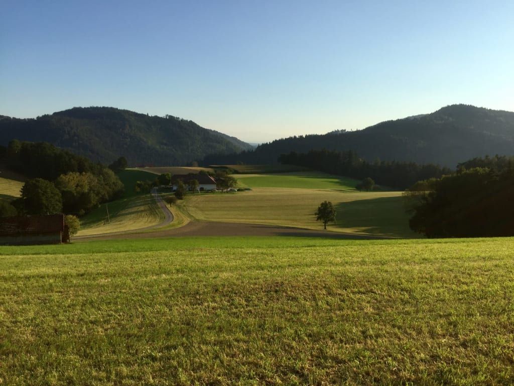 Malerischer Blick auf den Bauernhof inmitten von sanften, grünen Hügeln und weiten Wiesen.