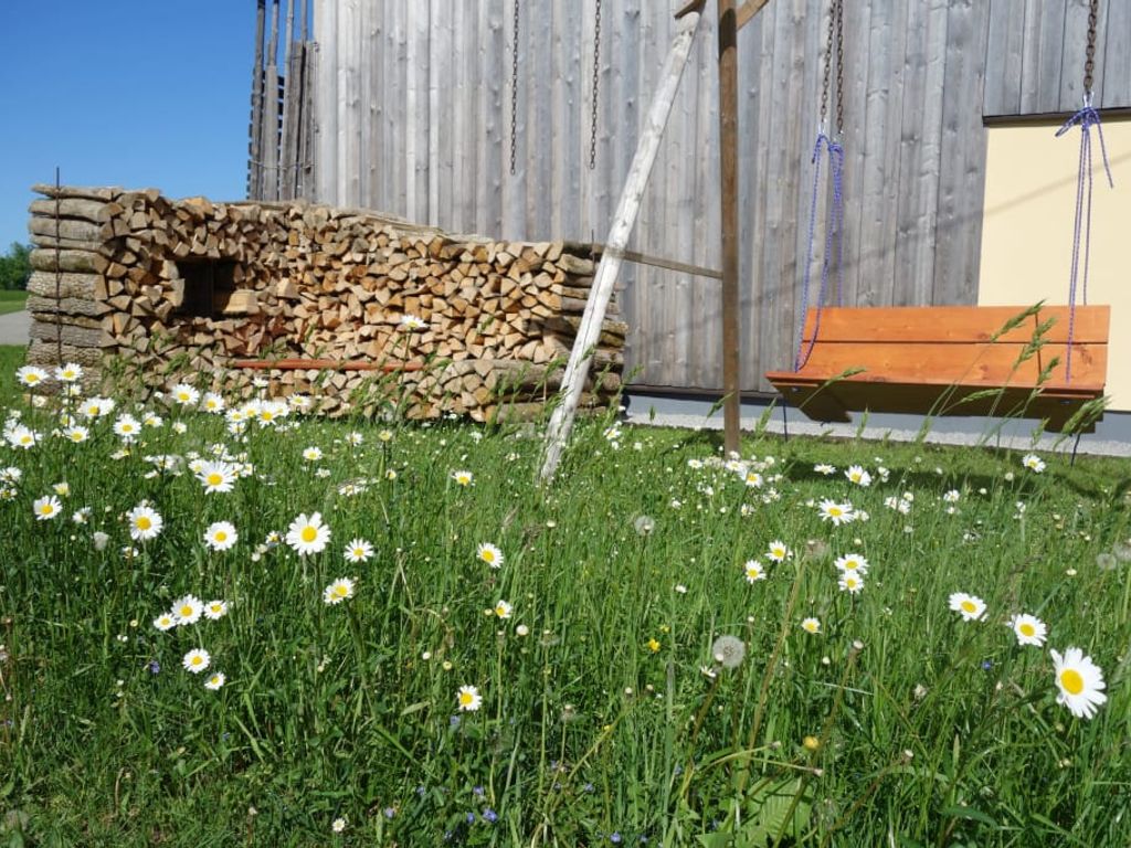 Der Außenbereich des Bauernhofs mit einer Holzschaukel, einem Holzstapel und einer Blumenwiese im Vordergrund.