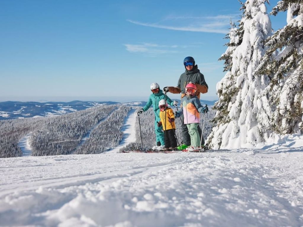 Familien-Skifahren in der verschneiten Berglandschaft, eine der Winteraktivitäten, die Sie vom Bauernhof aus erleben können.