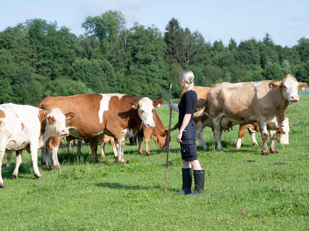Bäuerin Patrizia bei den Kühen auf der Weide