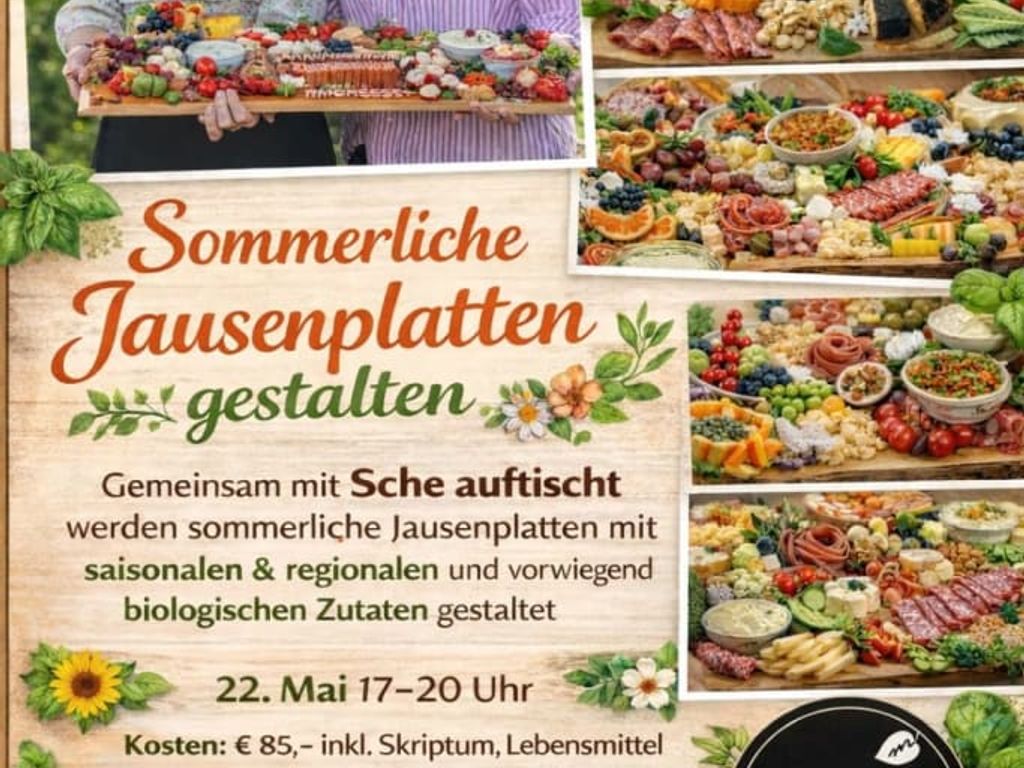 Ein Flyer für einen Workshop zur Gestaltung von Jausenplatten mit saisonalen und biologischen Zutaten, angeboten auf dem Bauernhof.