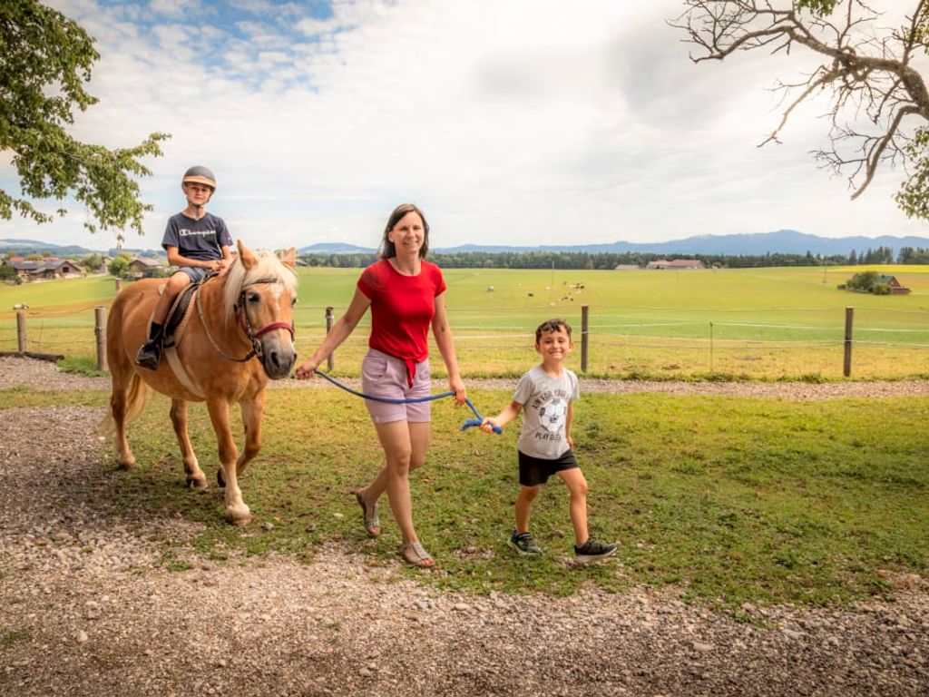 Ein aufregendes Ponyreiten für Kinder auf dem einladenden Bauernhof vor einer malerischen Bergkulisse.