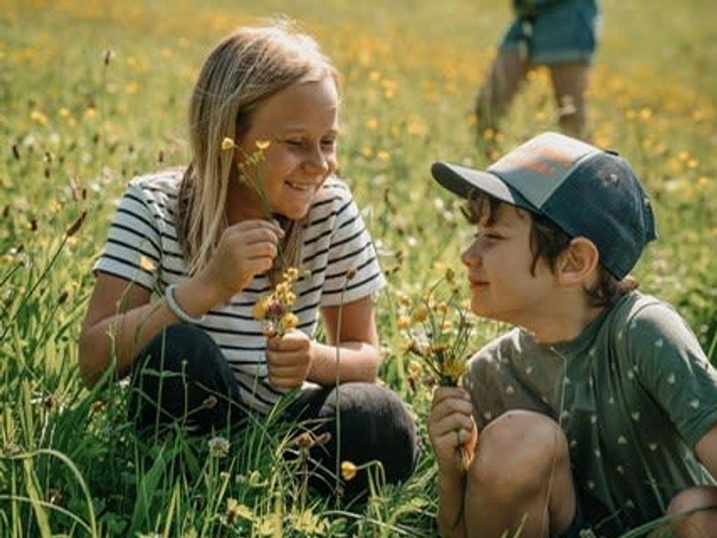 Kinder sammeln Blumen auf einer Wiese des Bauernhofs.