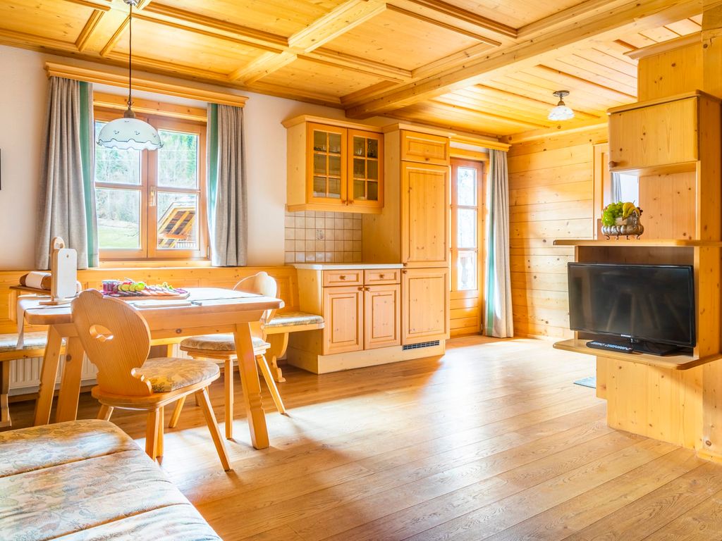 Wohn- und Essbereich der Ferienwohnung auf dem Bauernhof mit natürlicher Holzeinrichtung, einer Küchenzeile und einem Fernseher.
