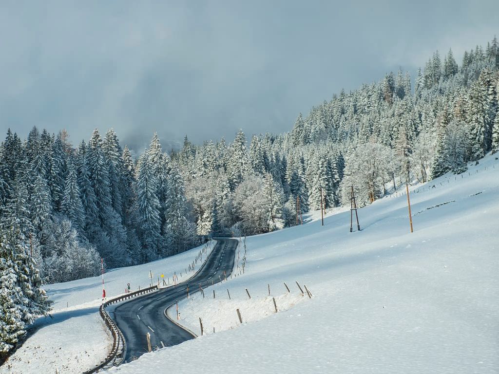 Eine schneebedeckte Straße schlängelt sich durch die winterliche Berglandschaft rund um den Ferienbauernhof.