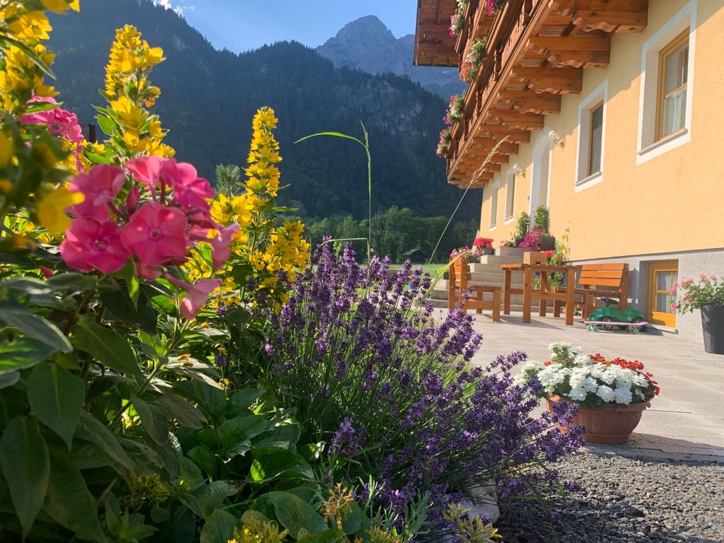 Gartenterasse und Liegewiese vor dem Apartmenthaus