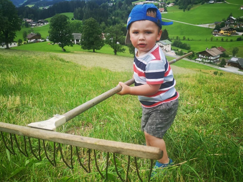 Ein Kind mit einer Harke auf der Wiese vor dem Bergpanorama am Bauernhof.