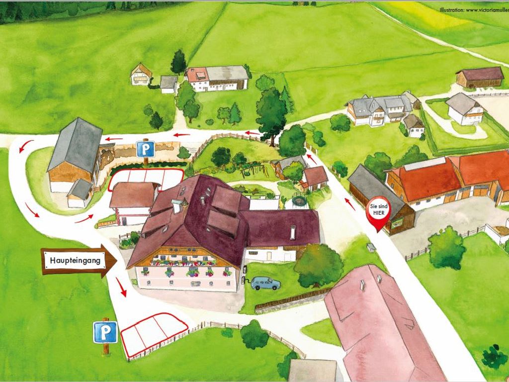 Übersichtsplan des Bauernhofs mit den Gebäuden, Parkplätzen und dem Haupteingang.