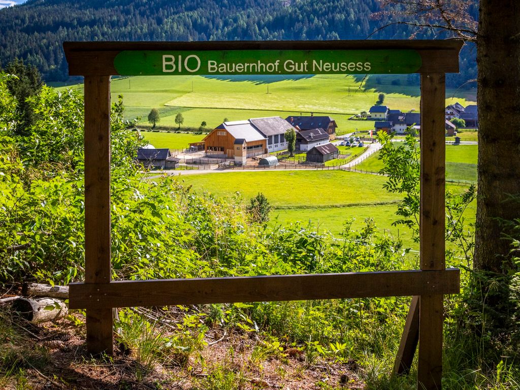 Ein hölzerner Rahmen mit der Aufschrift BIO Bauernhof Gut Neusess bietet einen Blick auf den Bauernhof im Tal.
