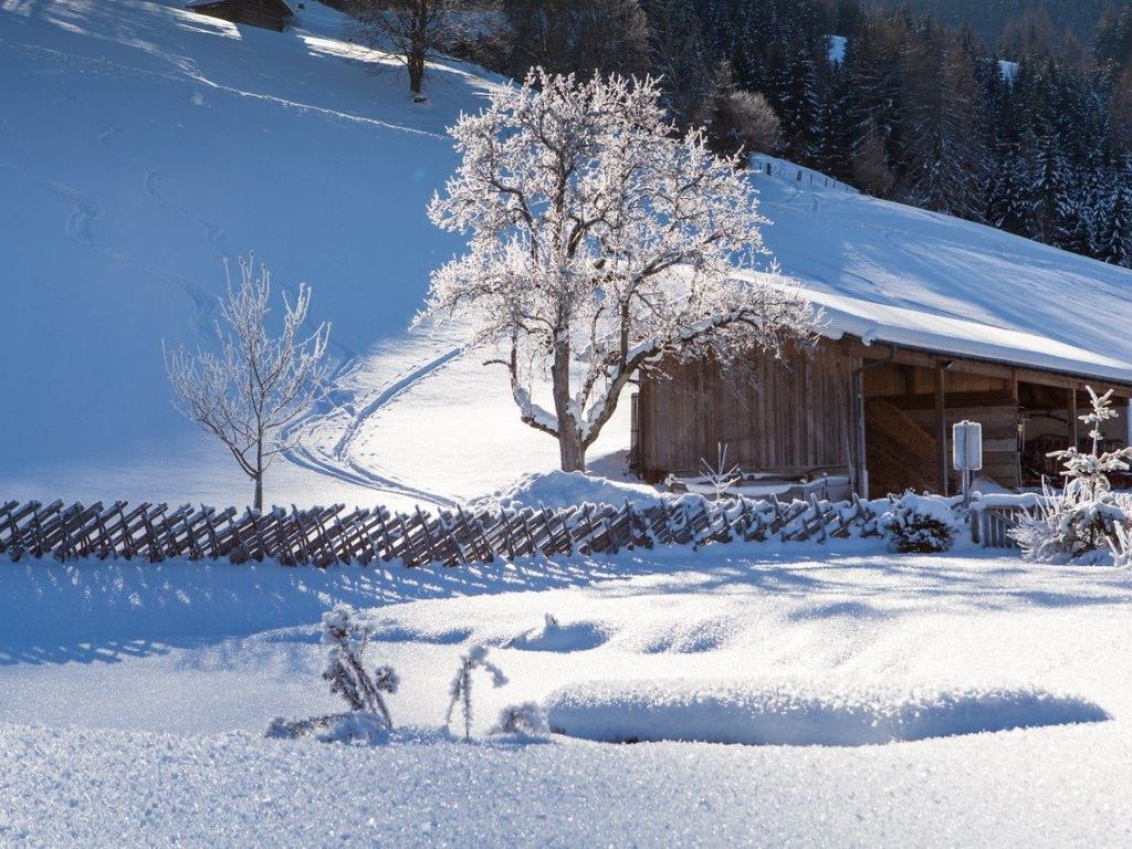 Verschneite Winterlandschaft am Bauernhof mit einem Holzgebäude, einem Zaun und Bäumen mit Raureif.