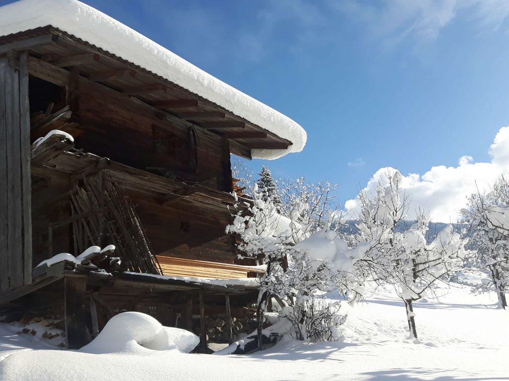 Ein verschneites Holzgebäude auf dem Bauernhof, umgeben von schneebedeckten Bäumen unter blauem Himmel.