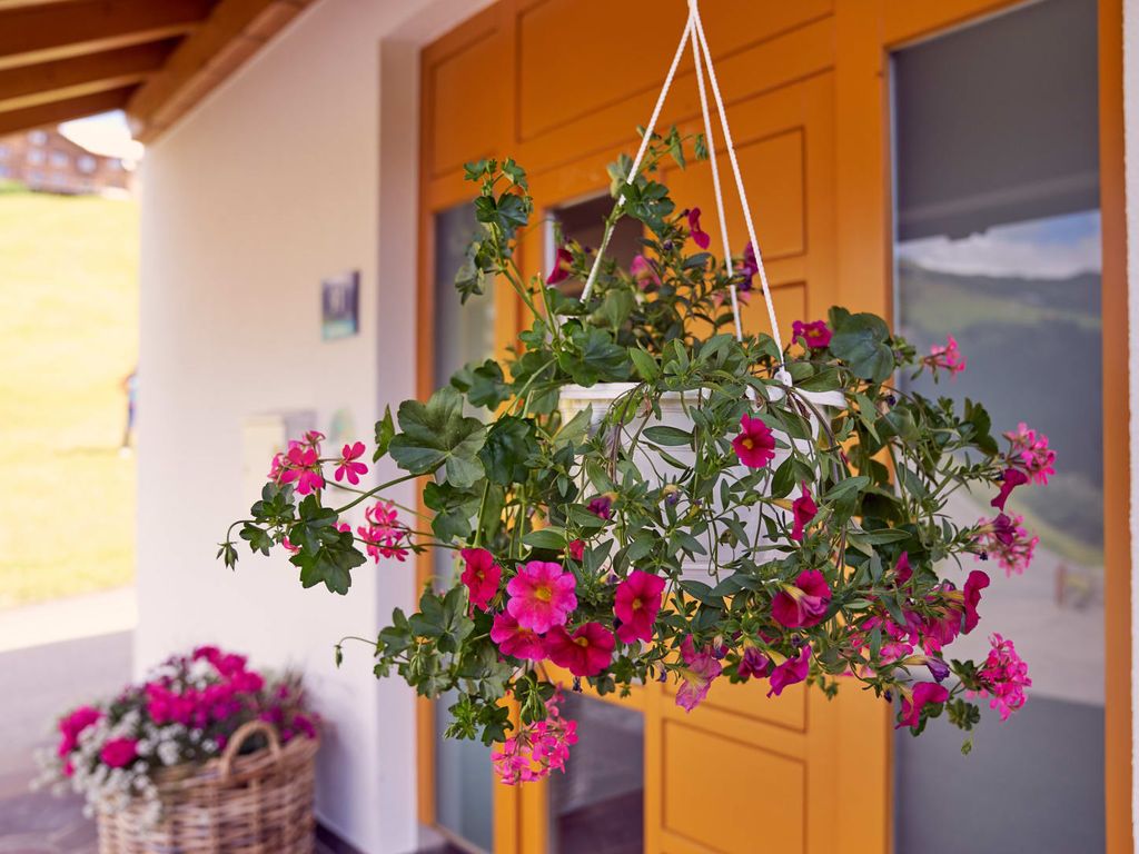 Der Eingang des Bauernhofs, geschmückt mit einer Blumenampel und einem Korb voller rosa Blüten.