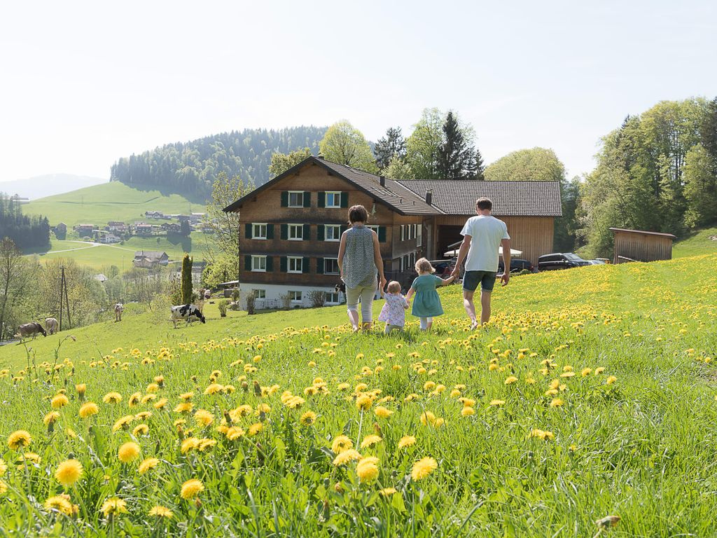 Eine Familie spaziert über eine Löwenzahnwiese auf den Bauernhof zu, mit weidenden Kühen und ländlicher Umgebung im Hintergrund.