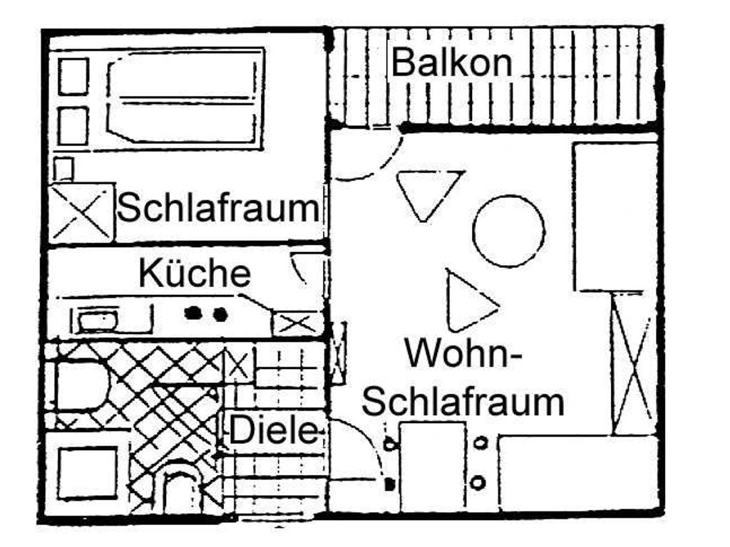 Die zweckmäßige Aufteilung trennt Küche, Diele, Bad, Wohn-und Schlafzimmer voneinander. Für 2-3 Personen.