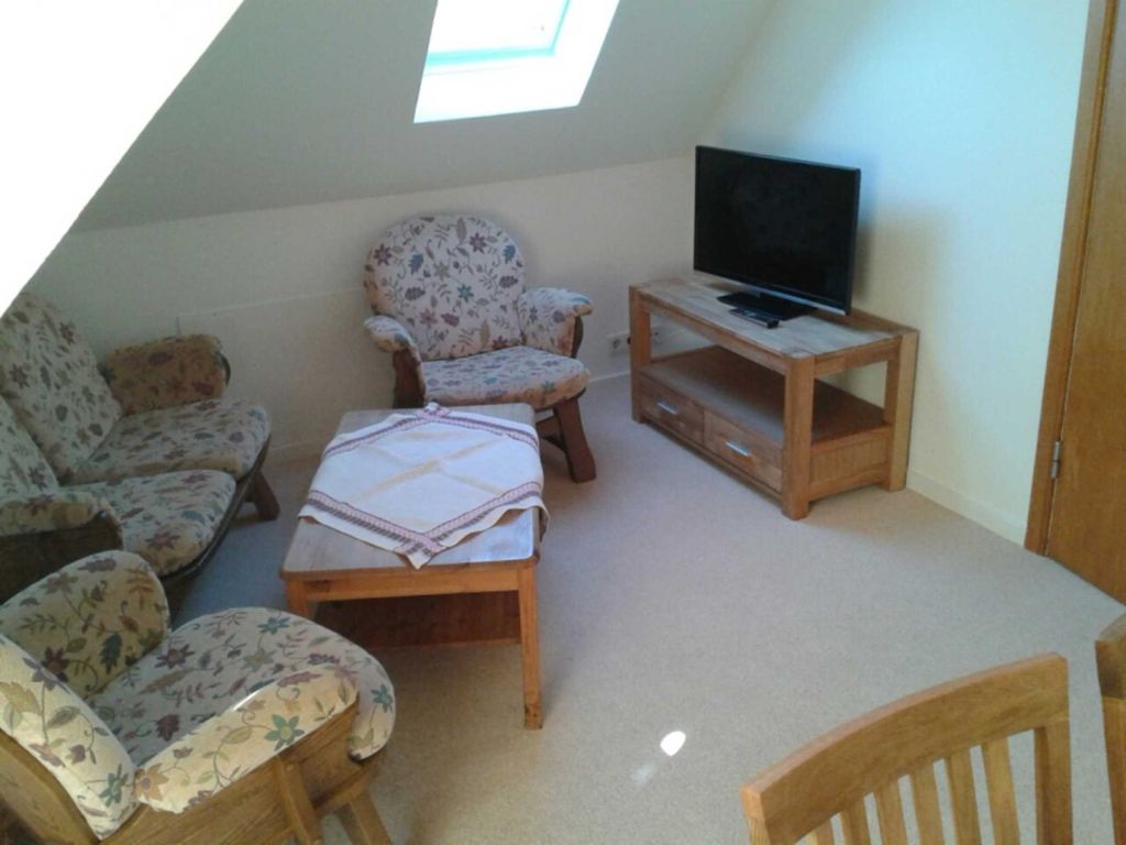 Das Wohnzimmer mit Polstergarnitur und Flachbild-TV. Im Vordergrund befindet sich der Esstisch mit Stühle.