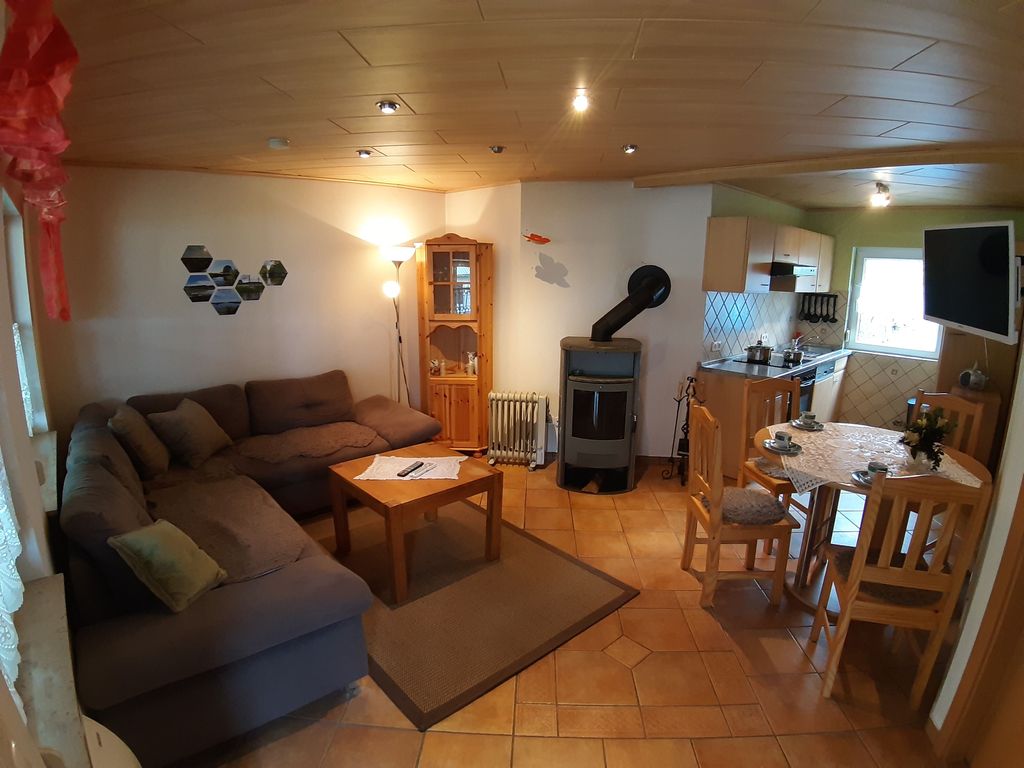 Wohnzimmer mit Küchenzeile und Essbereich