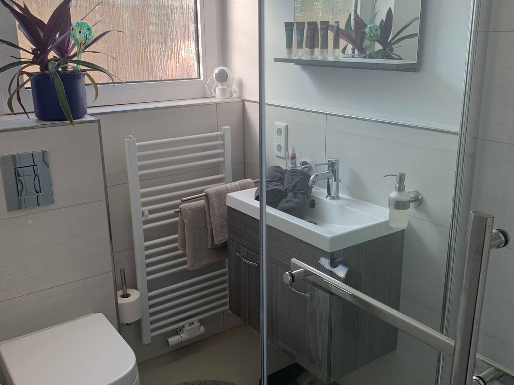 Modern eingerichtetes WC mit Dusche, Fön, Waage und kosmetik Spiegel