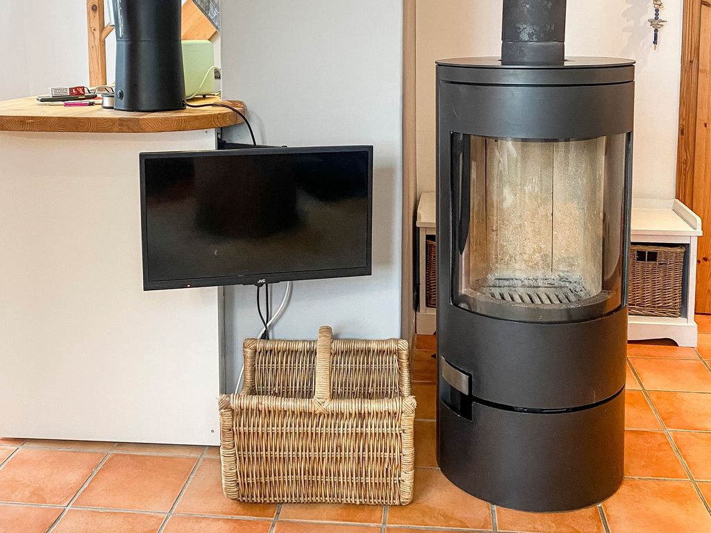 Wohnzimmer mit Kamin und TV