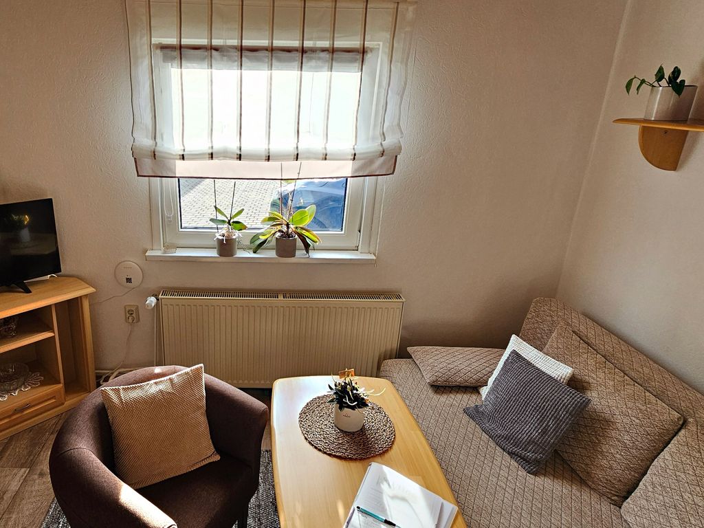 Kleines Wohnzimmer mit Couch und Flat-TV