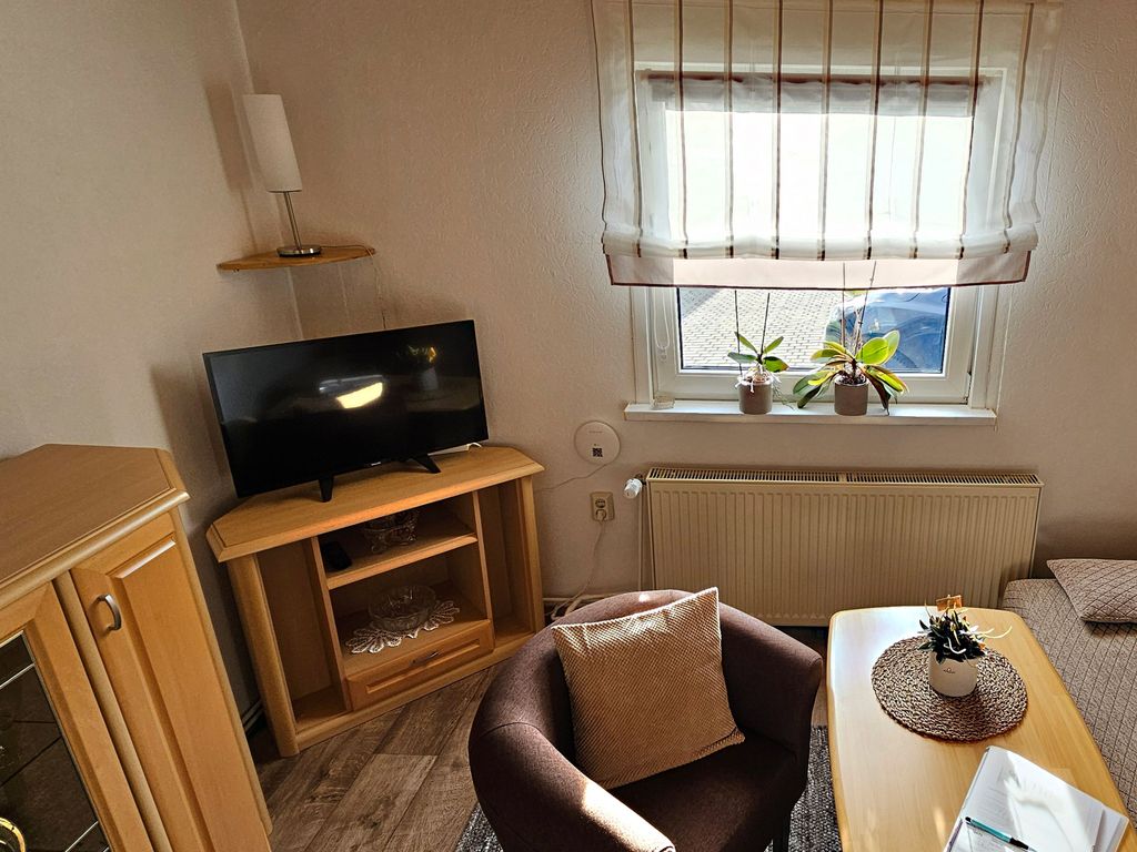 Kleines Wohnzimmer mit Couch und Flat-TV