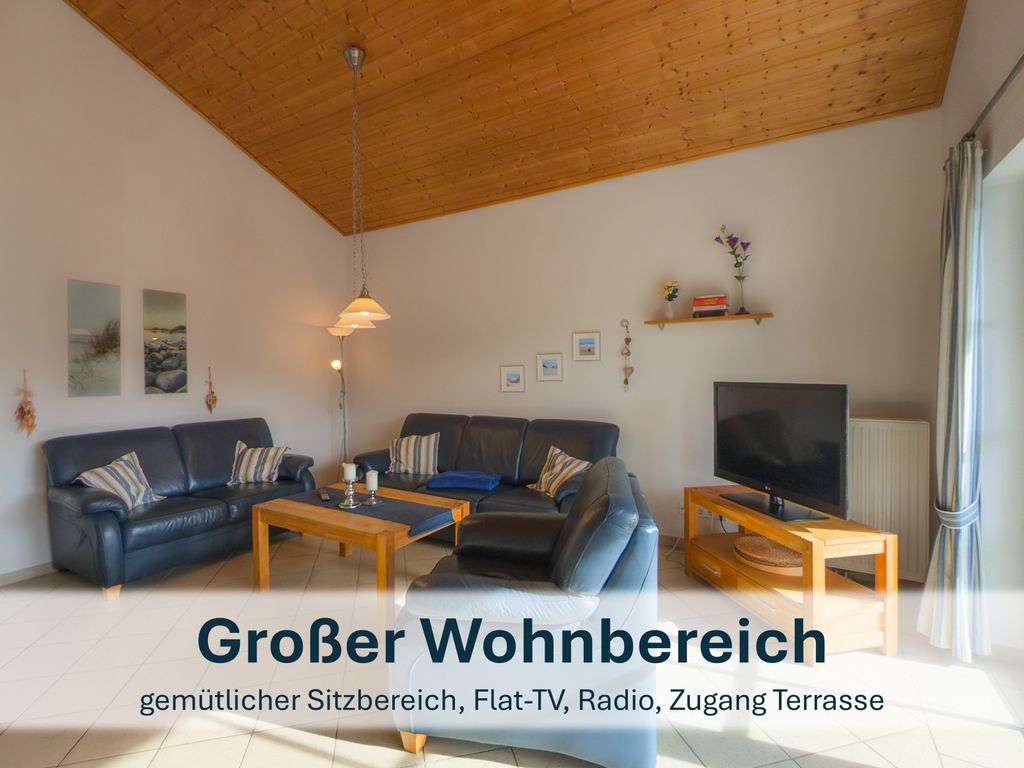 Großer Wohnbereich mit Sitzmöbeln, Flat-TV und Zugang zur Terrasse.