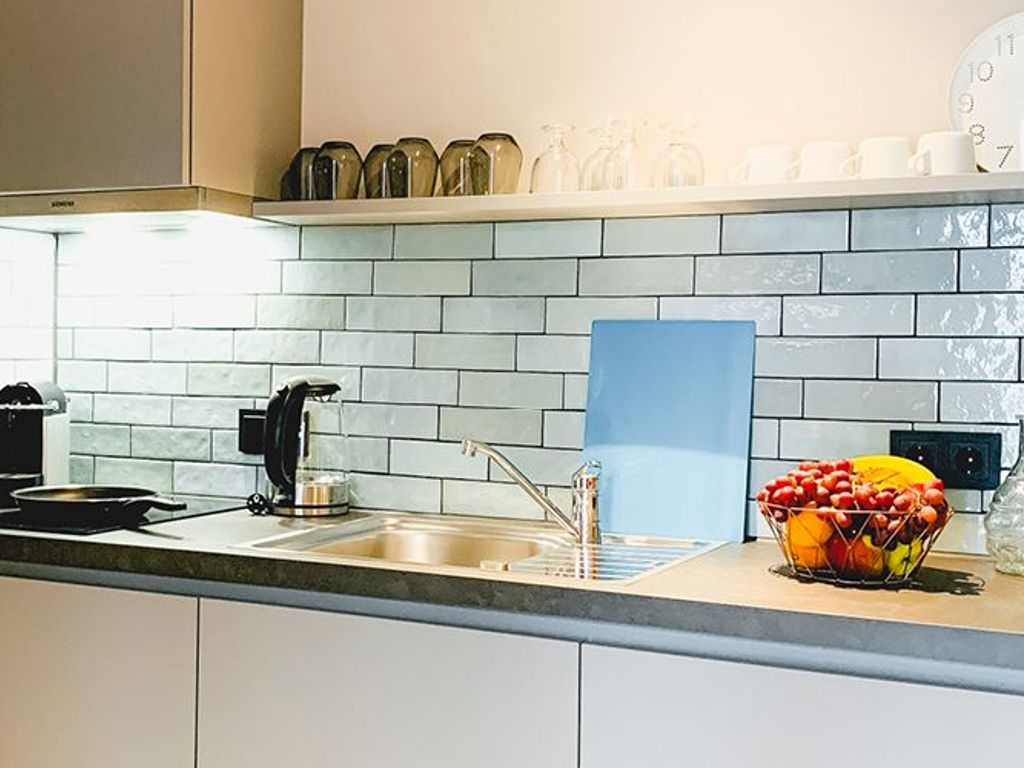 Premium Apartment Aqua - Küchenzeile mit zwei Induktionskochfeldern, Spüle und Kühlschrank