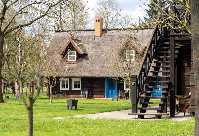 Bild Reetgedecktes Bohlenhaus