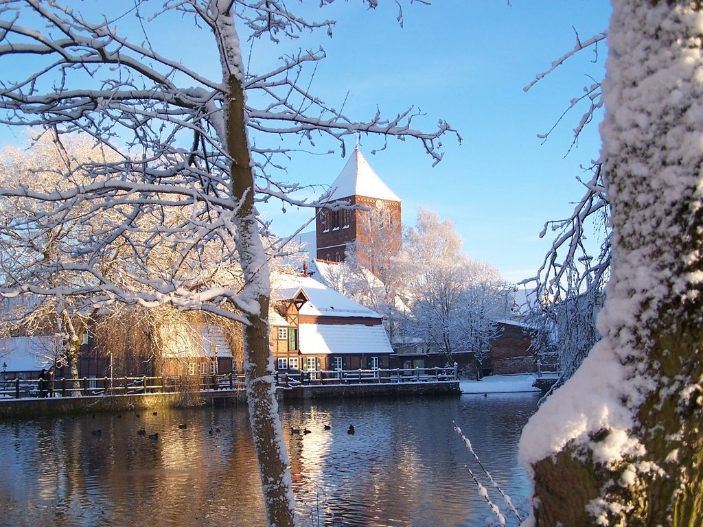 Blick zur Kirche über den den Winterlichen Mühlenteich