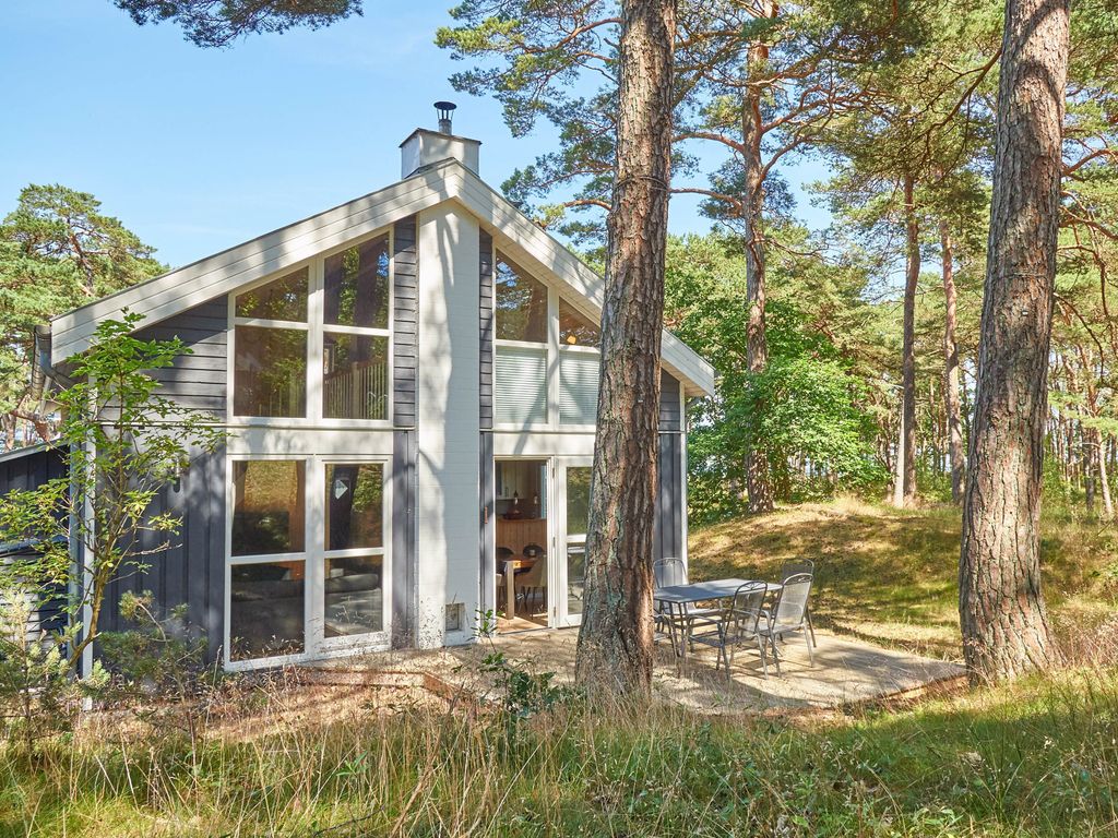 Strandpark Baabe – graues Holzhaus mit großer Fensterfront und Terrasse im Kiefernwald