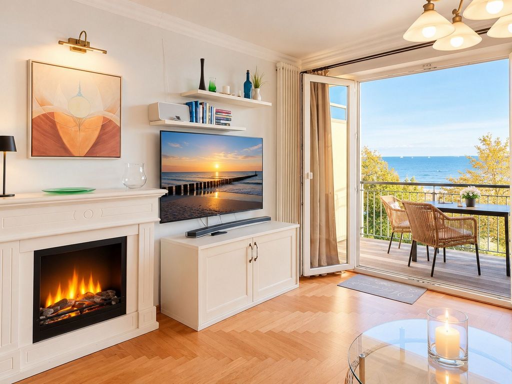 Gemütliches Wohnzimmer mit Kamin und traumhaftem Ostseeblick