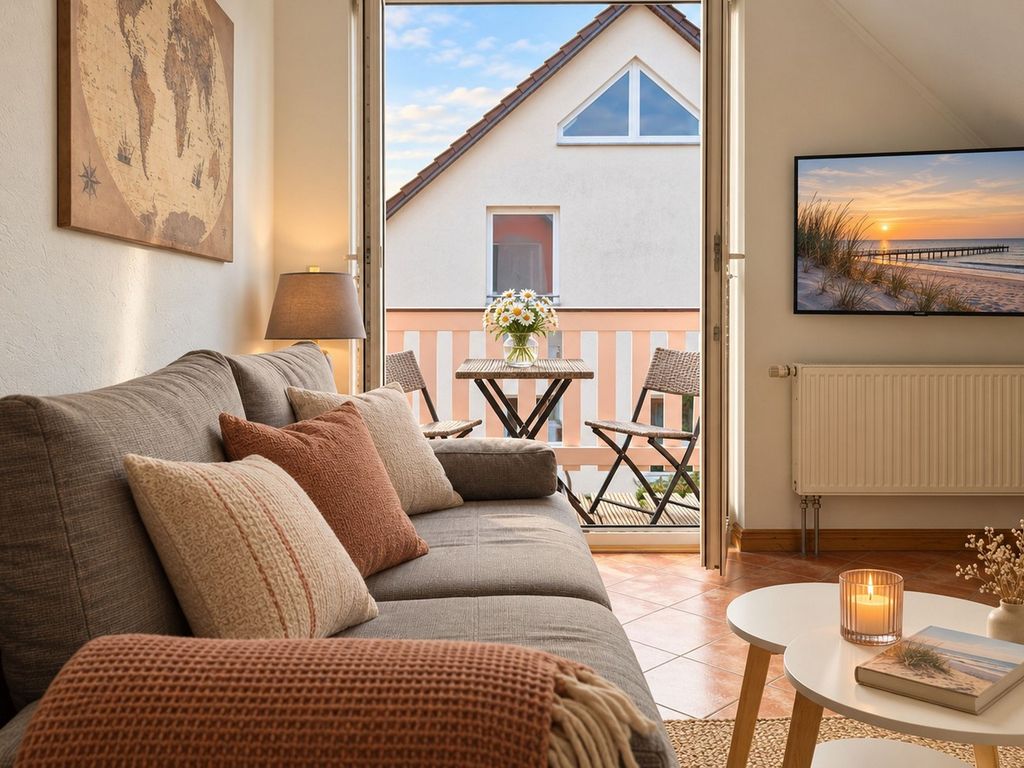 Wohnzimmer mit Balkon und Flachbild-TV.