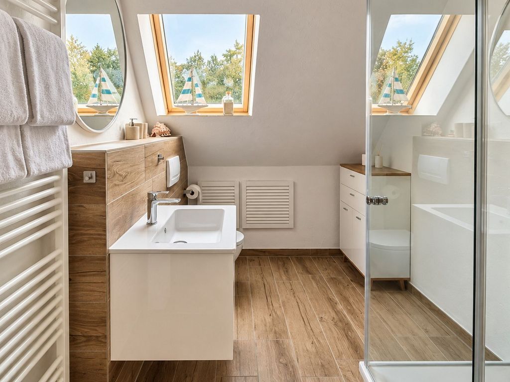 Badezimmer mit Dusche und natürlichem Tageslicht.