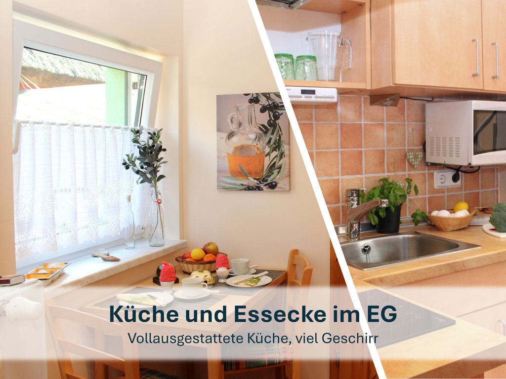 Küche und Essecke im EG, Vollausgestattete Küche, viel Geschirr