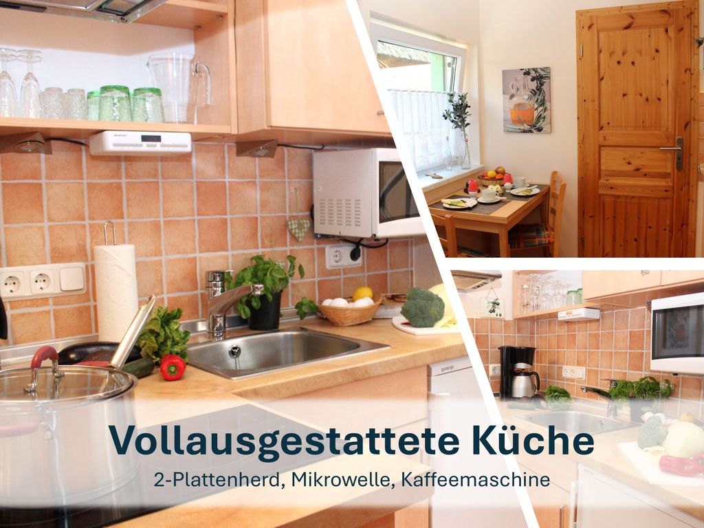 Vollausgestattete Küche: 2-Plattenherd, Mikrowelle, Kaffeemaschine
